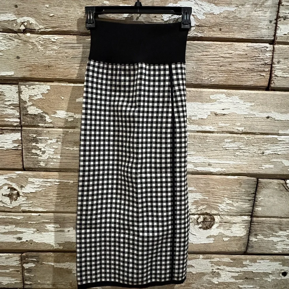 Michael Kors Collection Gingham Knit Pencil Midi Skirt Italian Yarn Black White